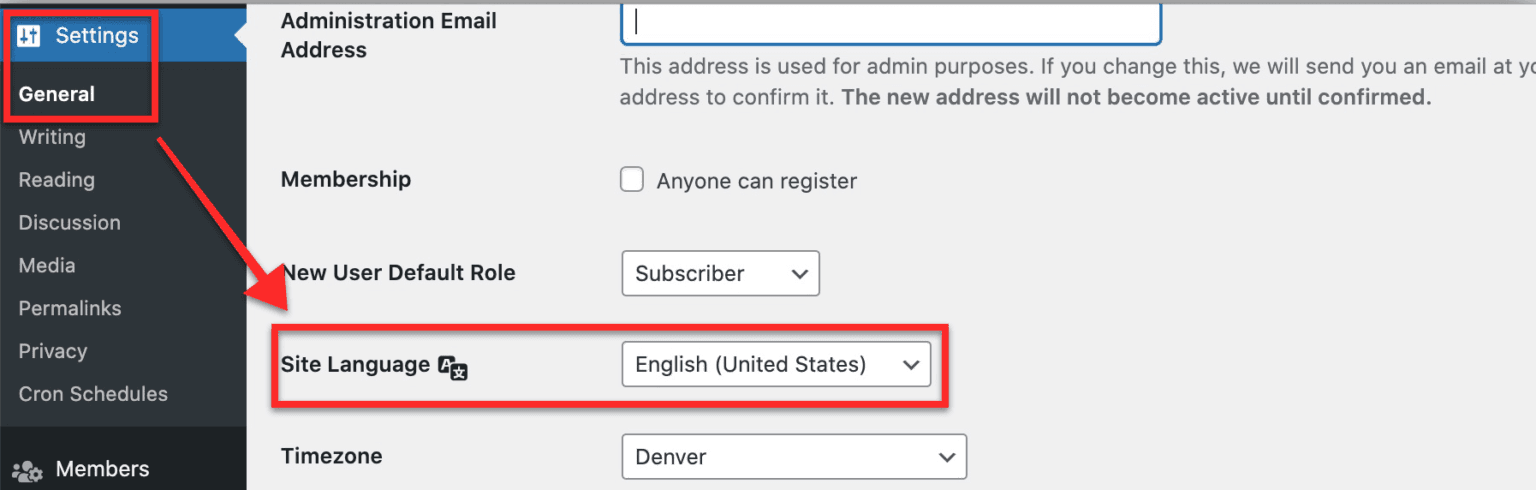 Configure adecuadamente el idioma de su sitio en el panel de control de WordPress