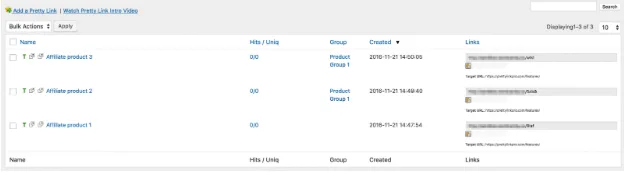 PrettyLinks Vue de la gestion des liens 