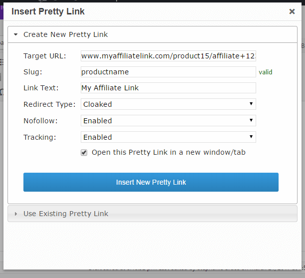 Pretty Links editor popup menu