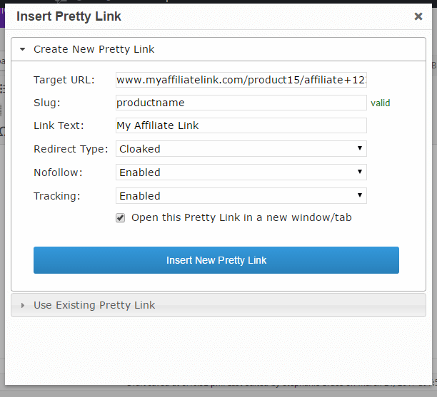 Menú emergente del editor Pretty Links