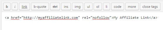 Manually nofollow your affiliate links WordPress editor 