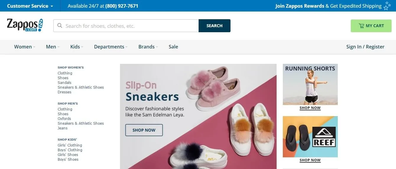 Página inicial da Zappos