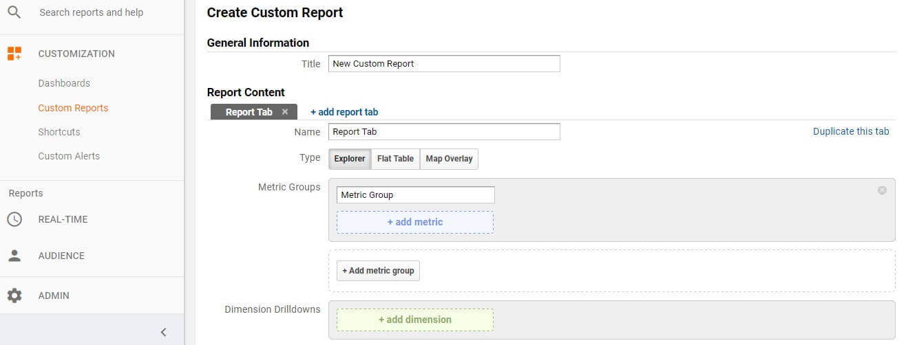 custom report creation page in Google Analytics