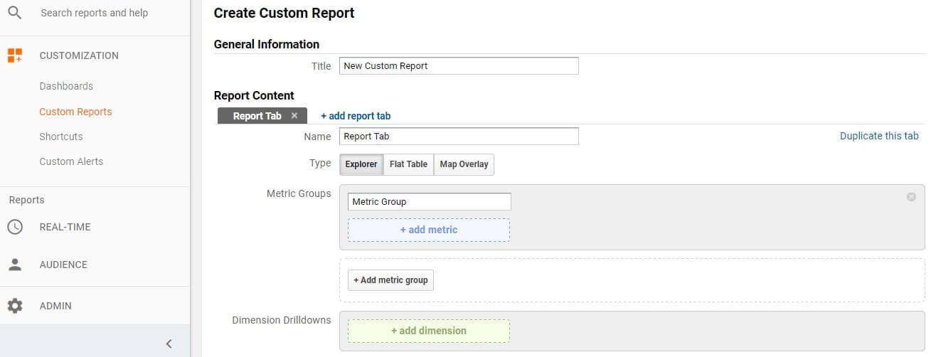 page de création de rapports personnalisés dans Google Analytics