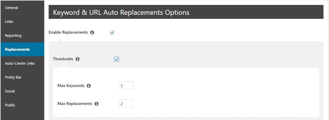 Pretty Links's keyword replacement settings