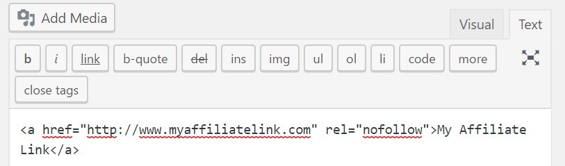 An HTML "nofollow" link in WordPress editor