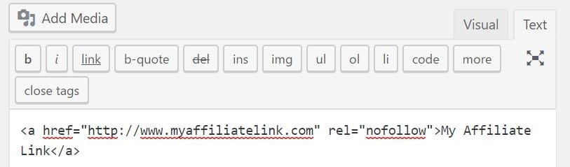 An HTML "nofollow" link in WordPress editor