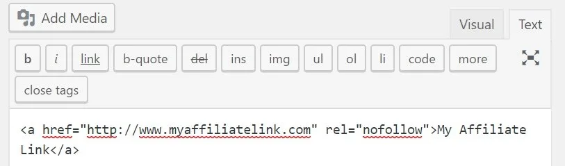 Um link HTML "nofollow" no editor do WordPress