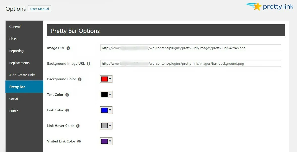 Opções de barra bonita no plug-in PrettyLinks