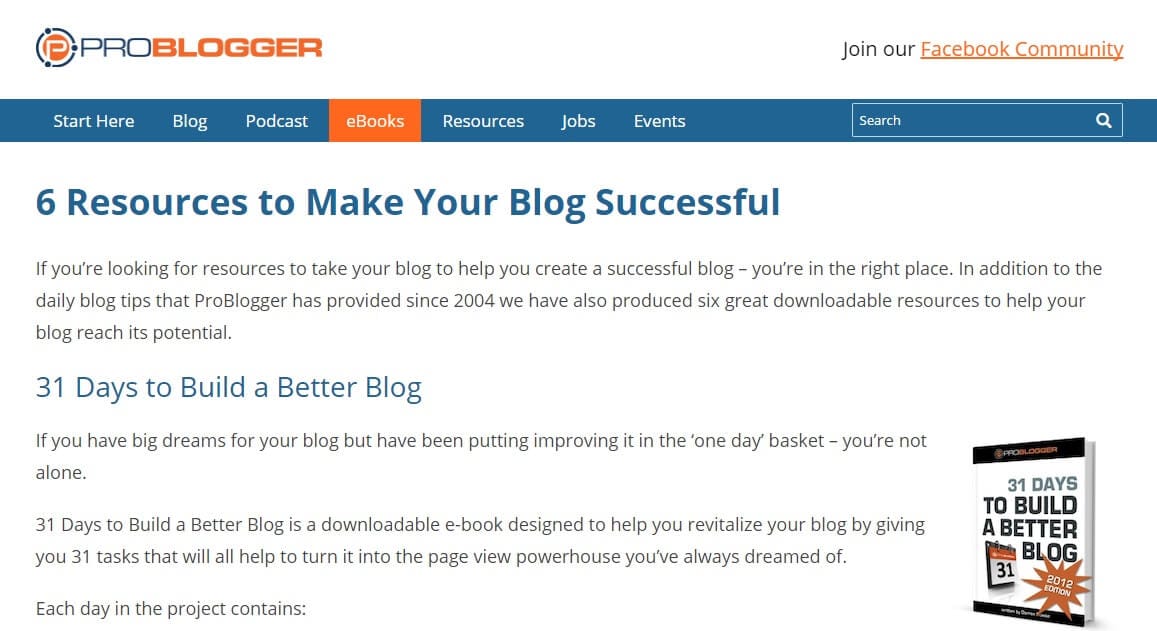 An ebook landing page on ProBlogger