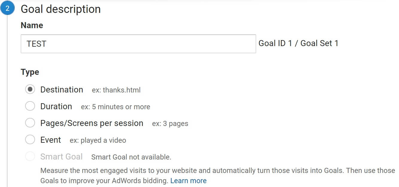 The goal creation page in Google Analytics