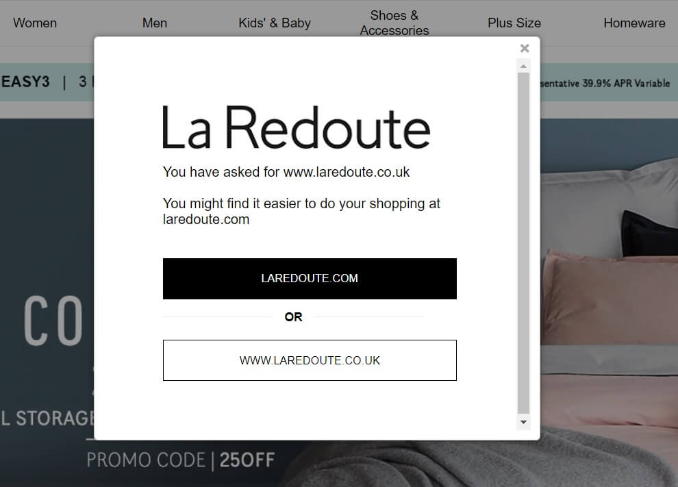 La Redoute shopping website with location redirect