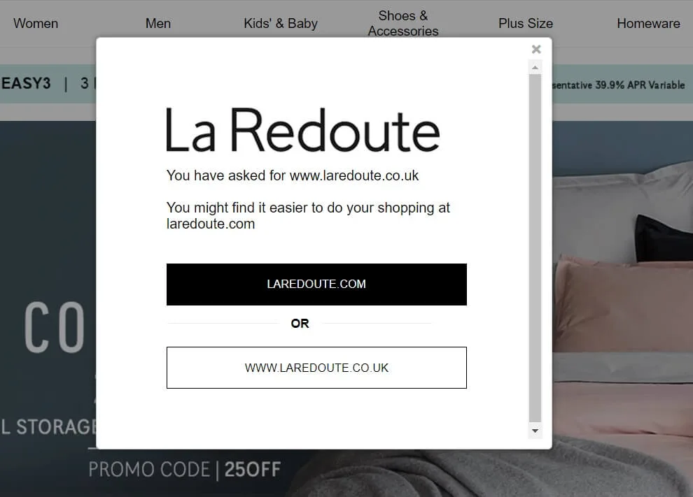Site web d'achat de La Redoute avec redirection de localisation