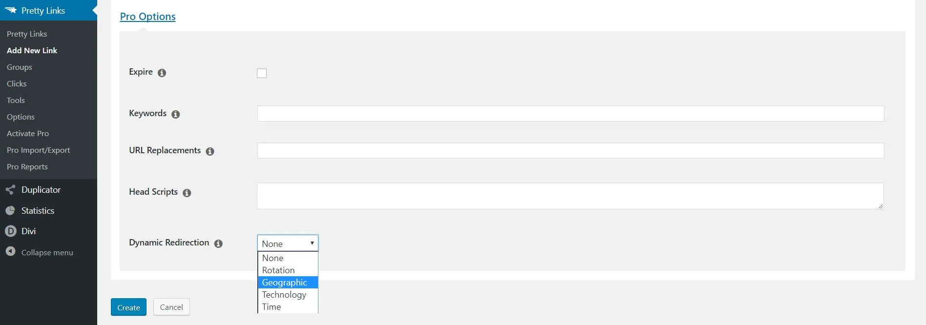 Le paramètre de redirection dynamique sur Pretty Links.