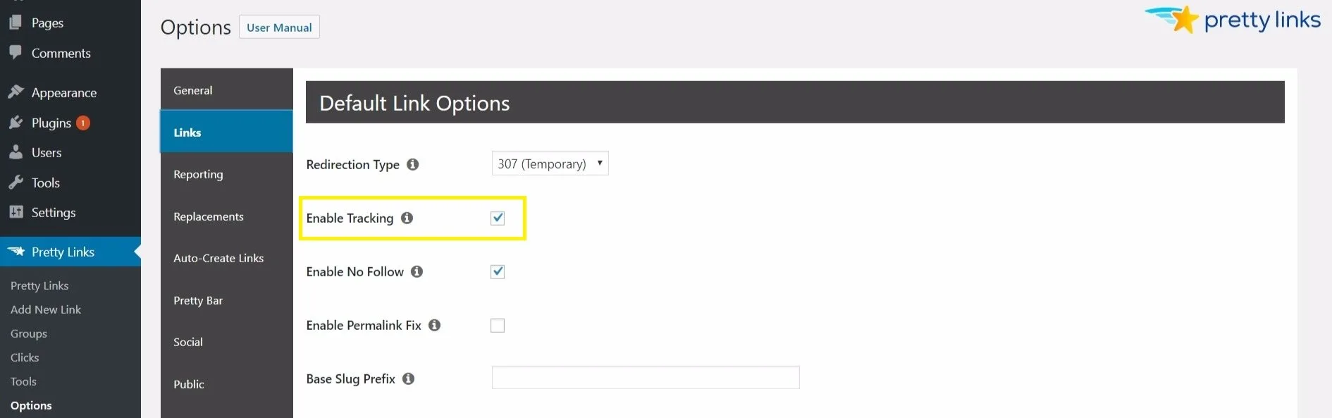 Ativar o rastreamento no PrettyLinks