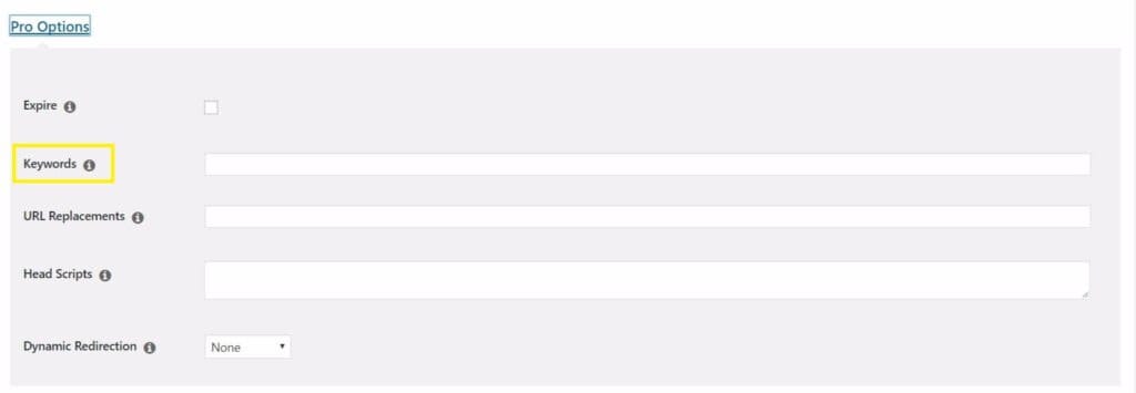 The Keywords field in Pretty Links