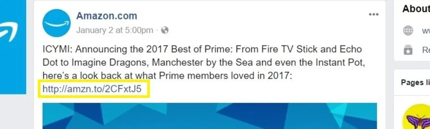 An Amazon branded link on Amazon's Facebook page