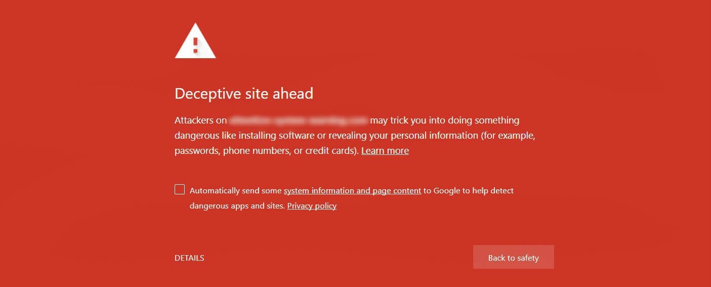 A blacklisted site's Google warning page