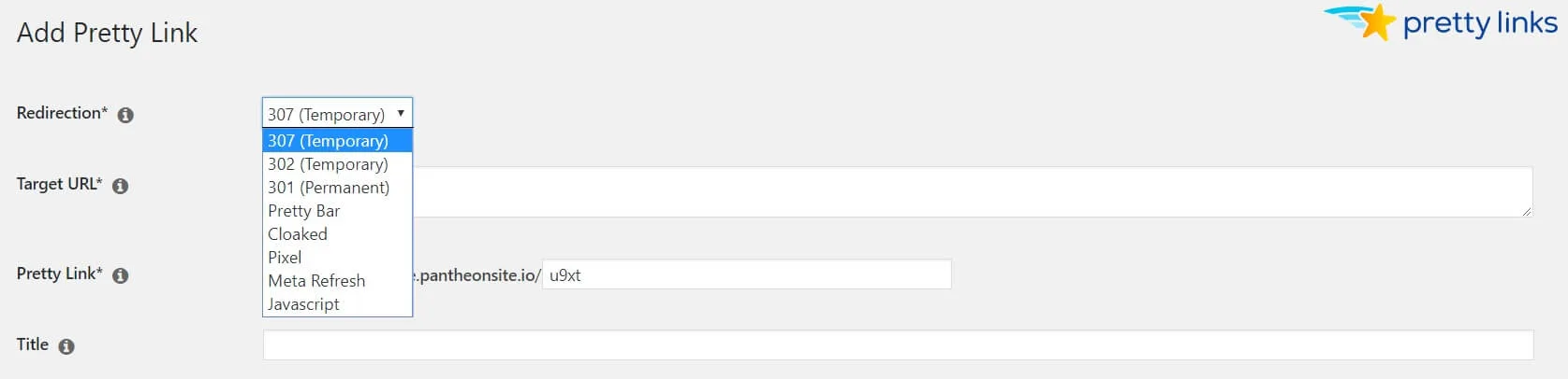 Menú desplegable "Redirección PrettyLinks