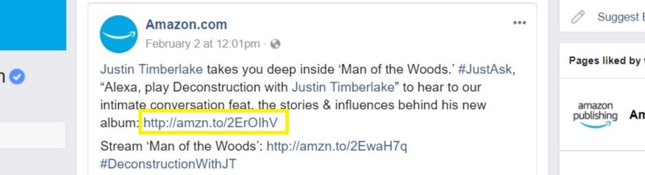 A shortened link on Amazon's Facebook profile