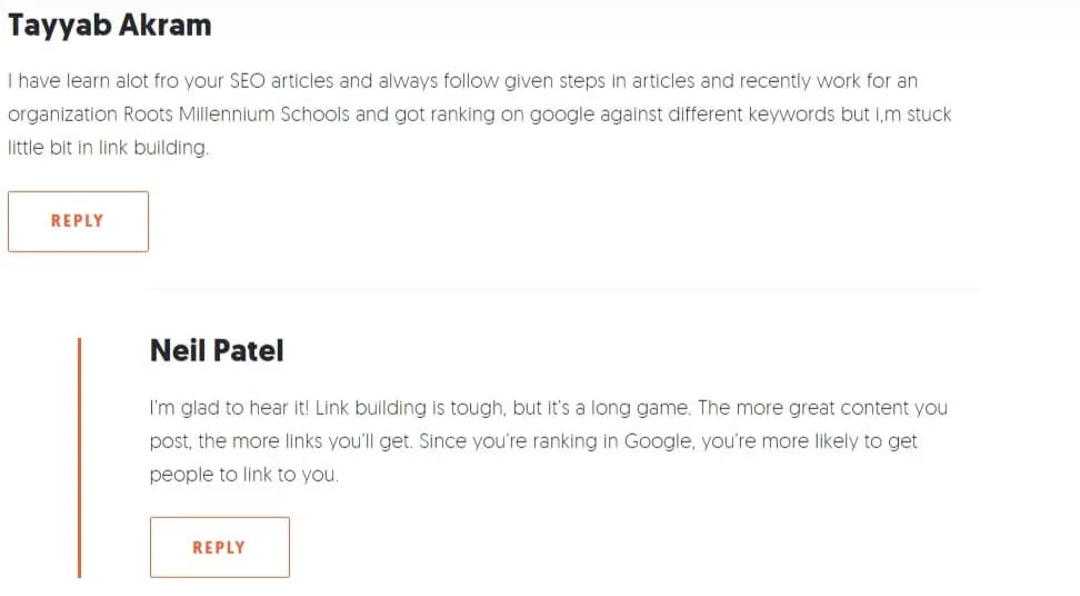 Interações de comentários no blog do Neil Patel