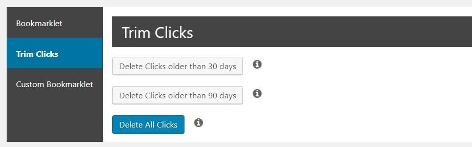 The Trim Clicks feature on Pretty Links dashboard