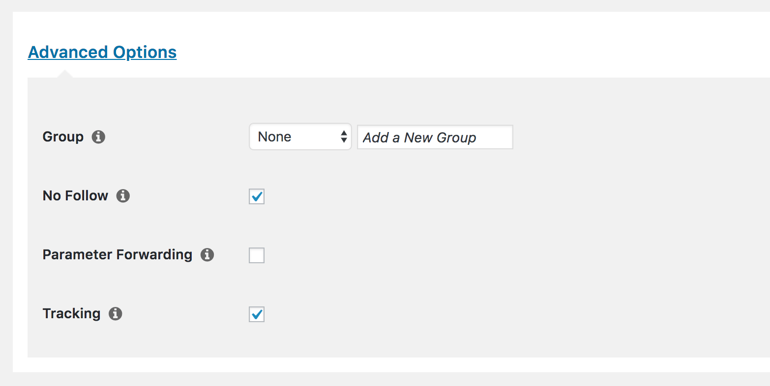 The Group option available when creating or editing a pretty link.