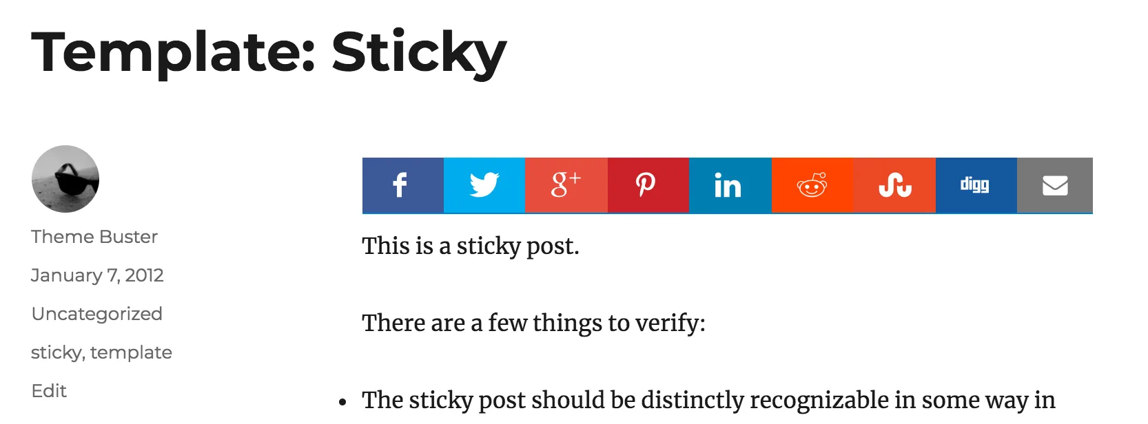 A barra de botões sociais do PrettyLinks aparece na parte superior de uma publicação de blog.