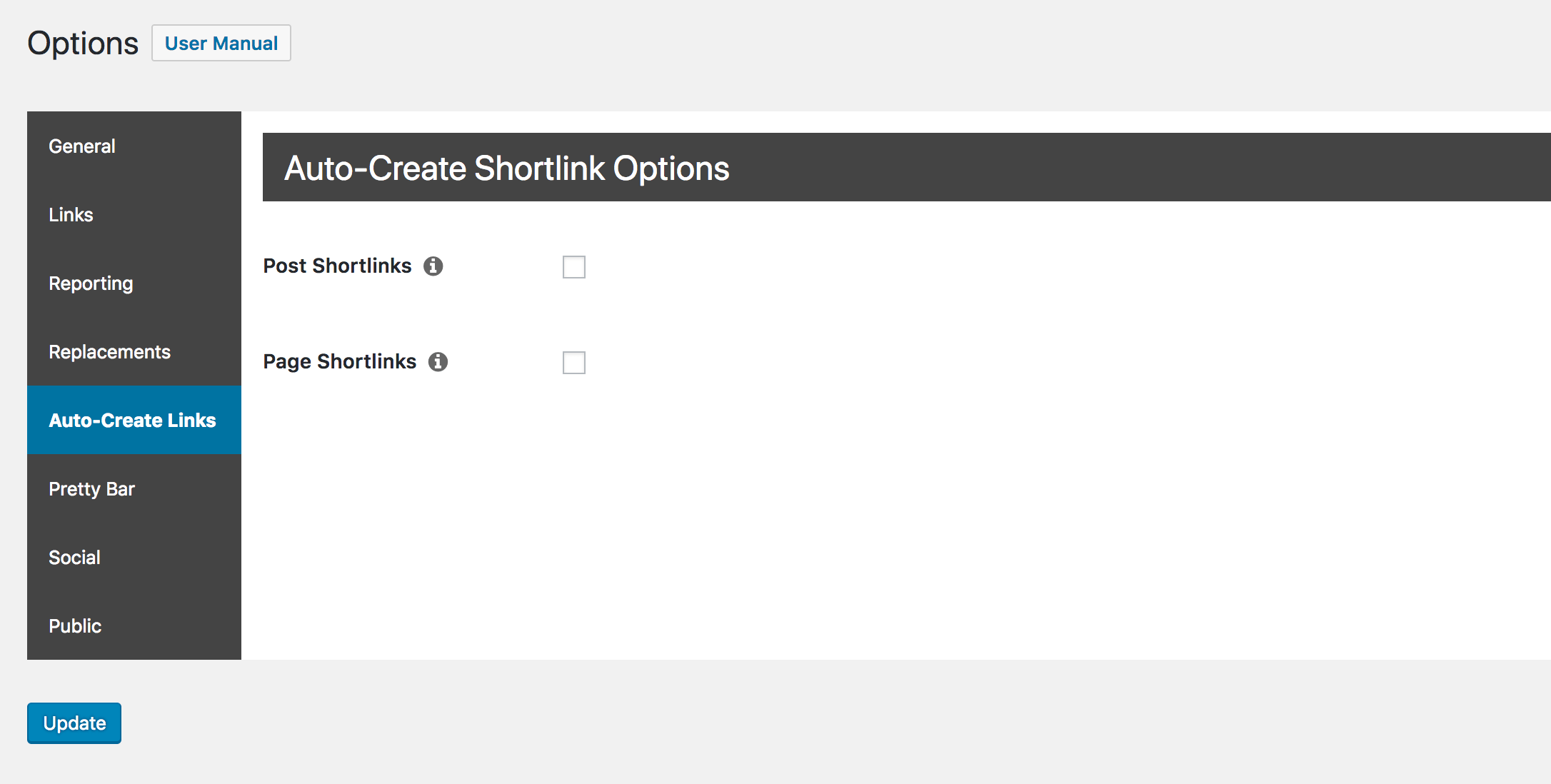 The options to create shortlinks for posts and pages in Pretty Links.