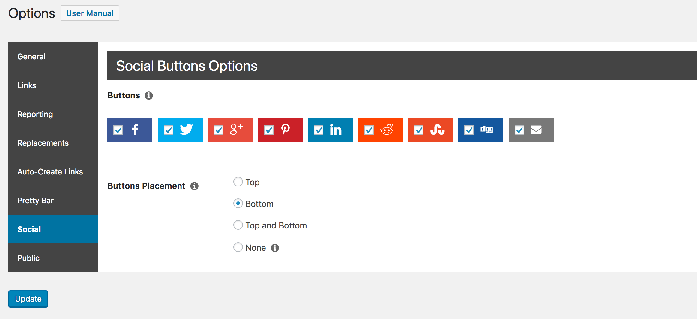Configuring the Social Buttons Bar in Pretty Links.