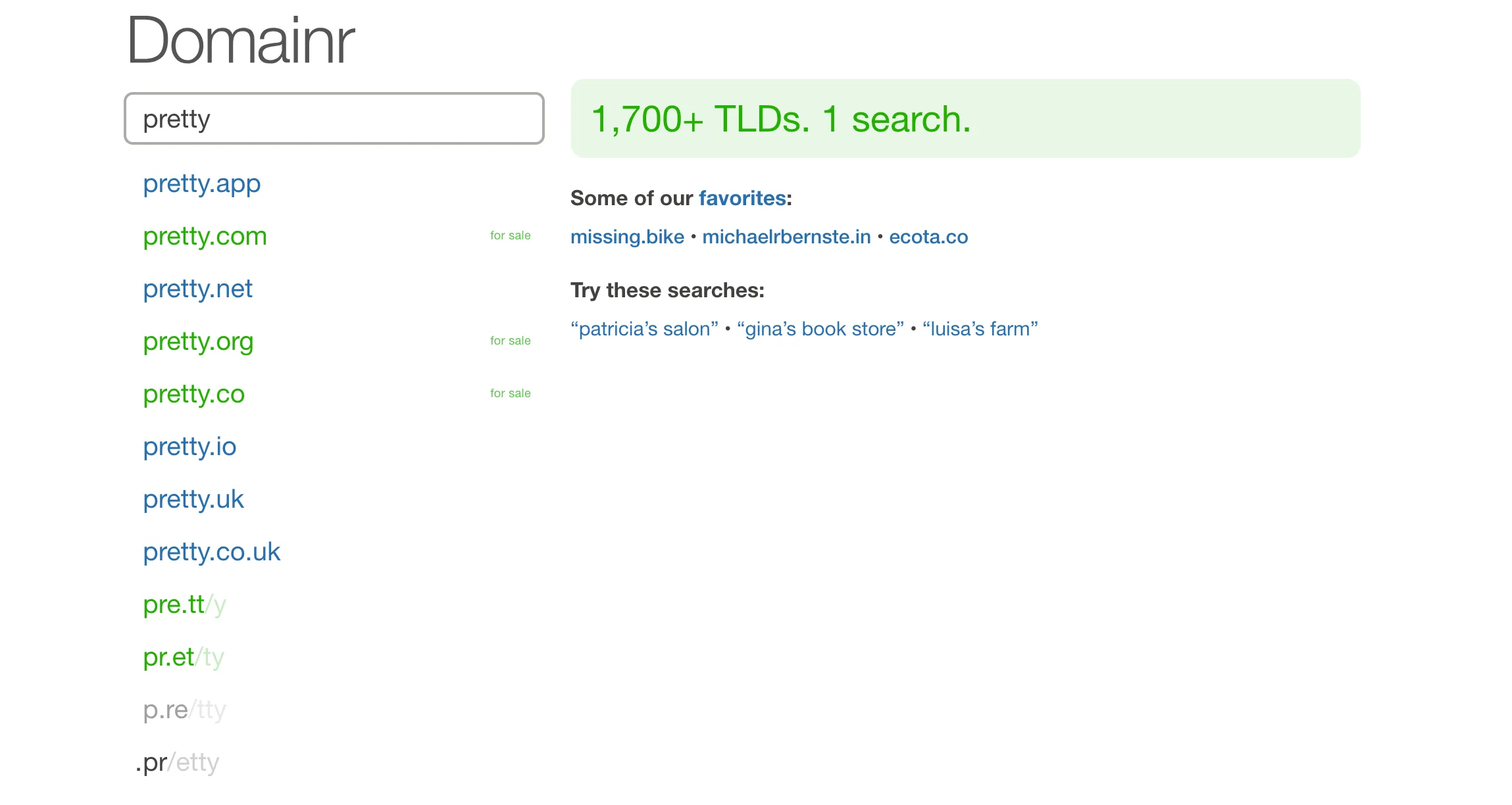 Une recherche Domainr pour l'expression "joli".