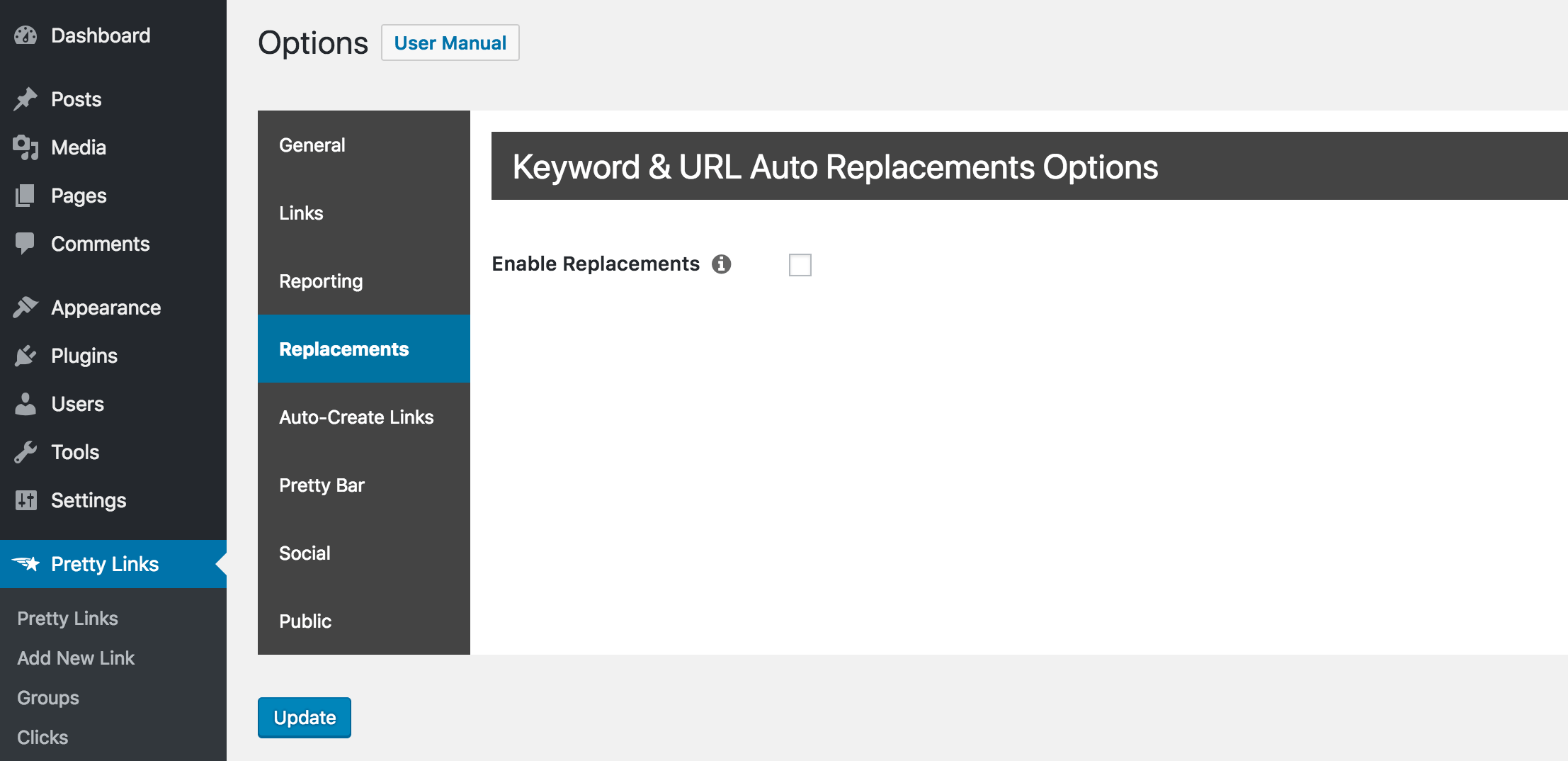 Les options de remplacement automatique des mots-clés et des URL dans Pretty Links.