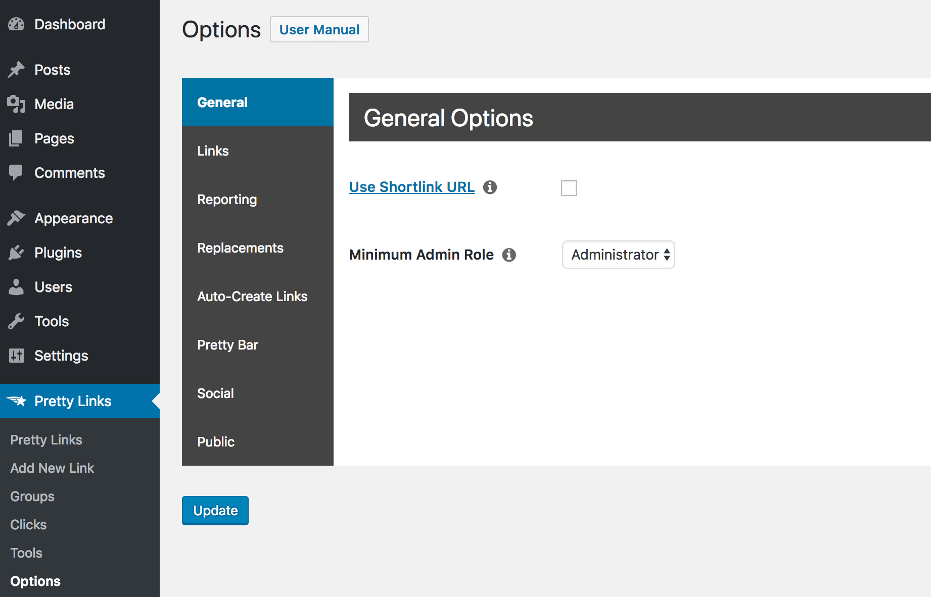 The Pretty Links options.