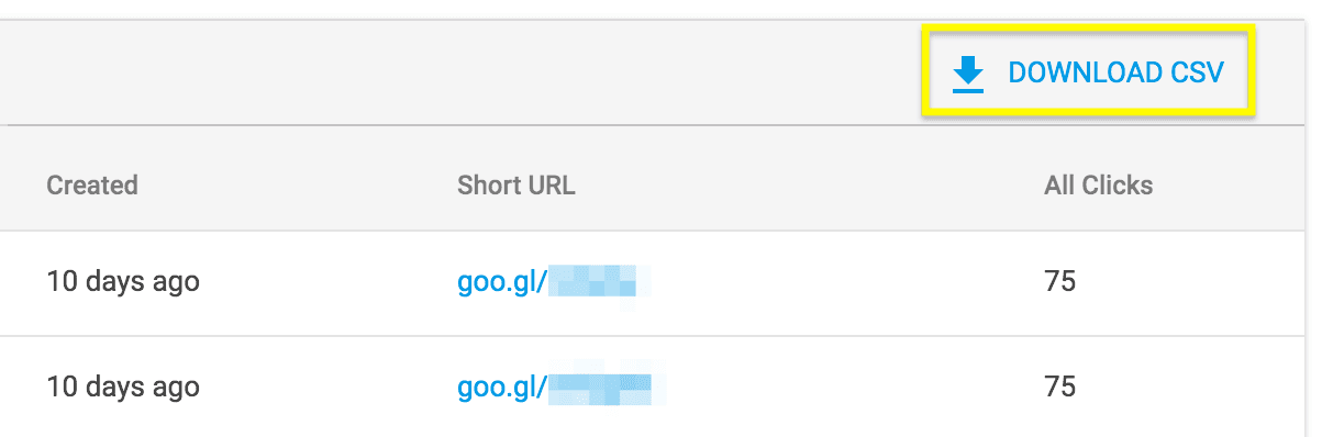 The Download CSV button in goo.gl.