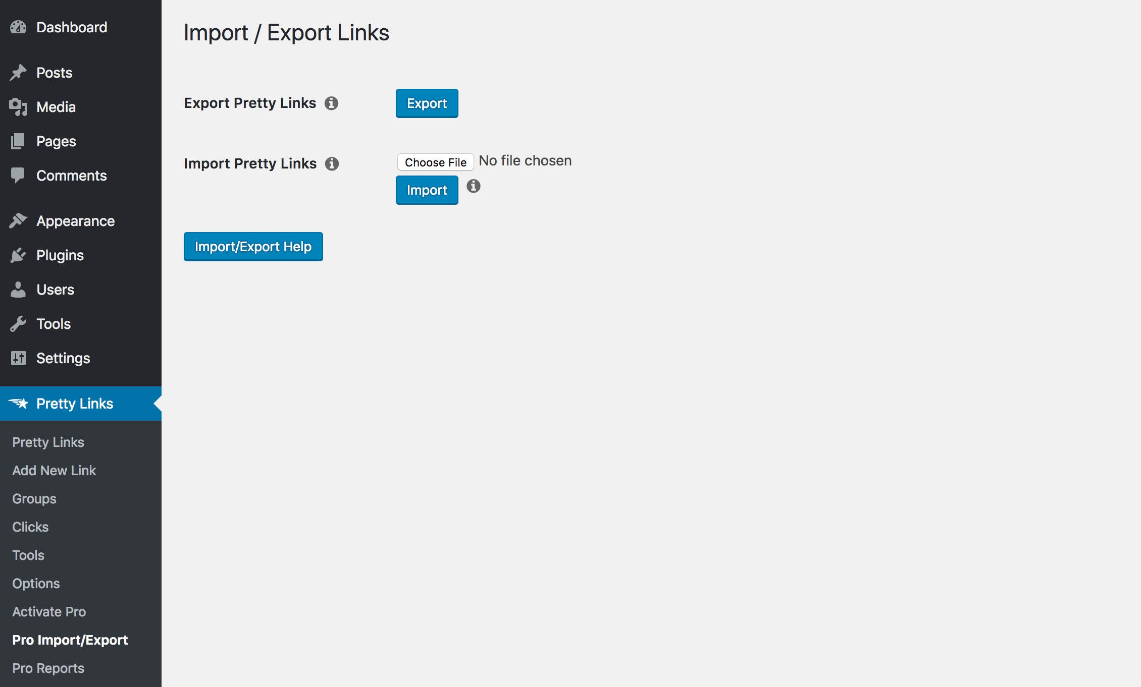 The Pro Import/Export page in Pretty Links.