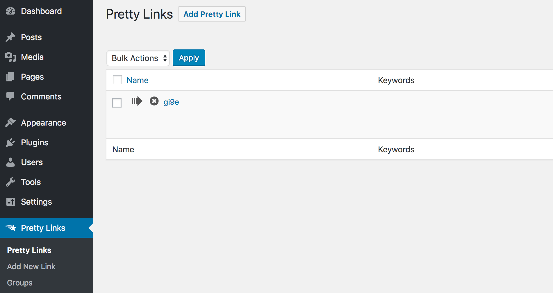 The Pretty Links page in the WordPress admin dashboard.
