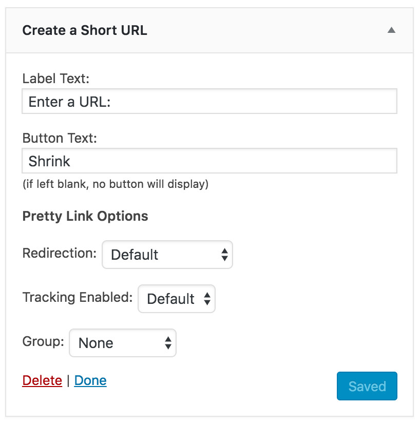 Configuring the Create a Short URL widget.