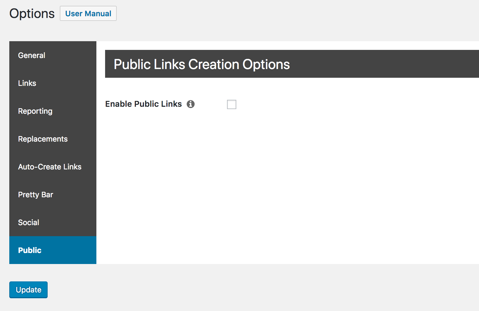 The Public tab in the Pretty Links Options, showing a single option.