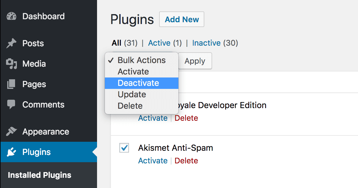 Deactivating plugins in WordPress to troubleshoot pretty links