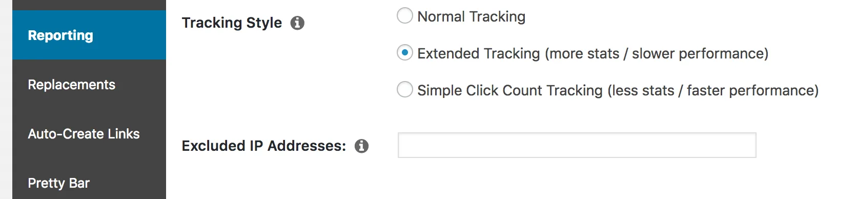 The Excluded IP Addresses field in Pretty Links