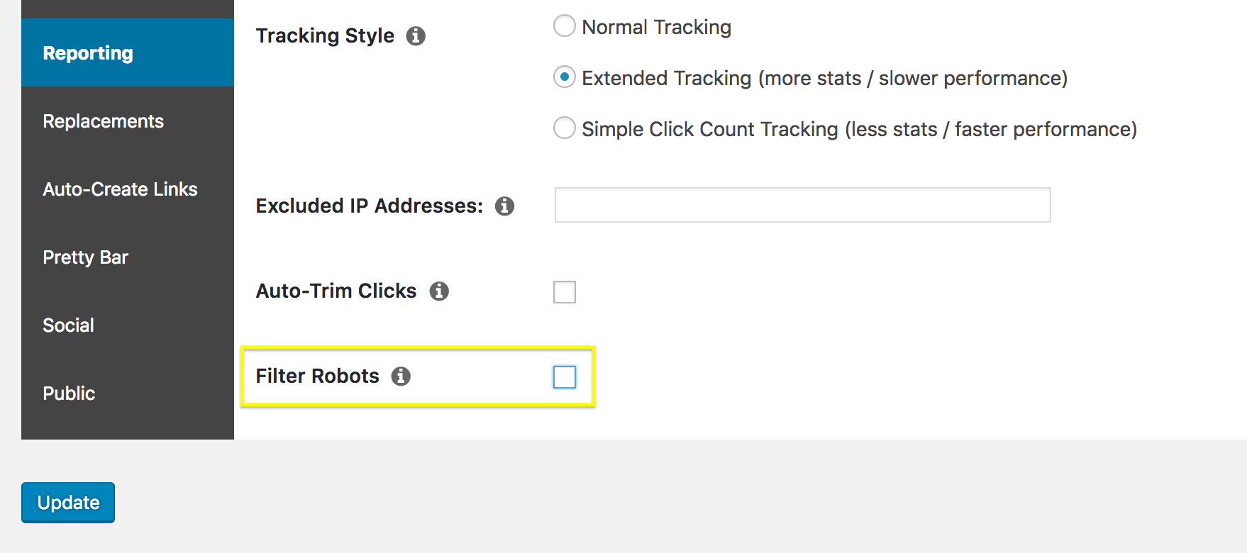 The Filter Robots option in Pretty Links.