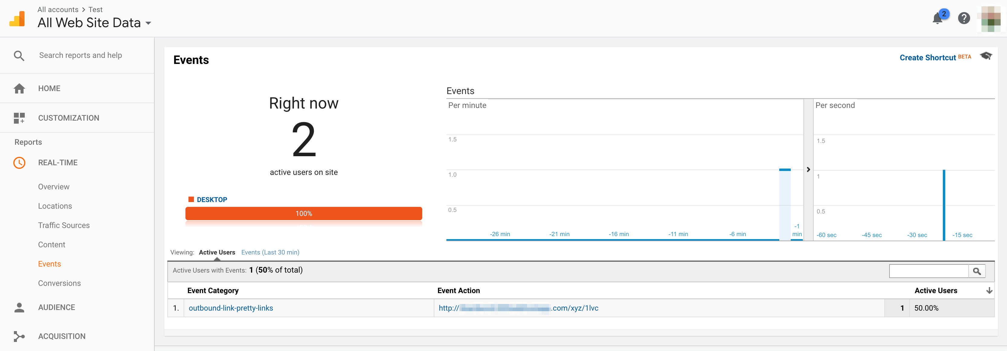 Google Analytics real-time results showing a link click.