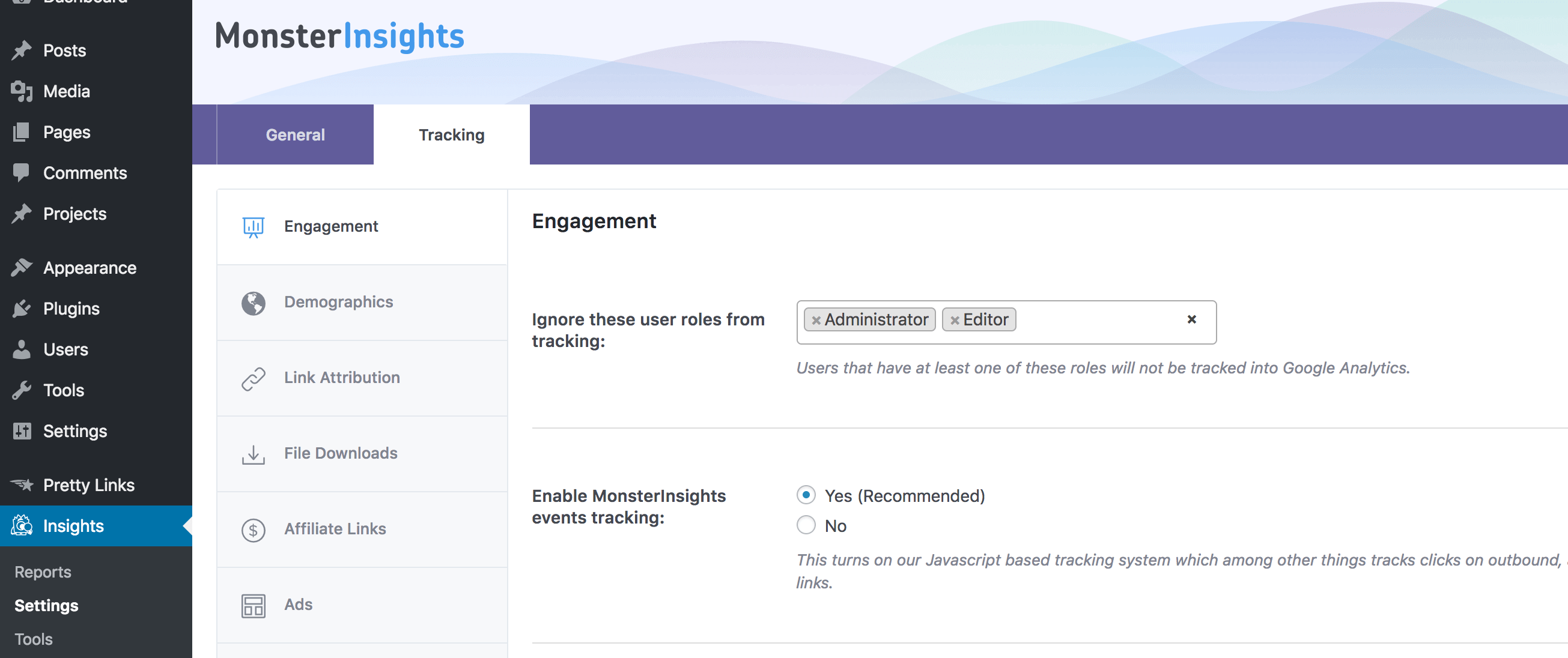 The Events Tracking setting in MonsterInsights.