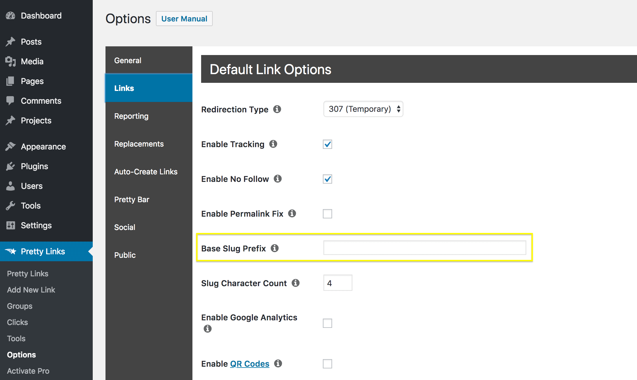 The Base Slug Prefix option in Pretty Links.