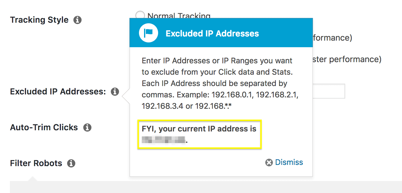 optimize your Pretty Links reports - A popup box, showing the user's current IP address in Pretty Links