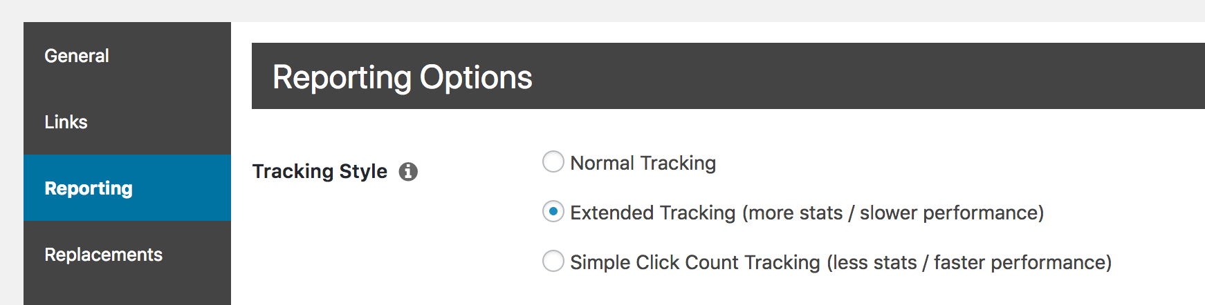 The Extended Tracking option selected in Pretty Links.