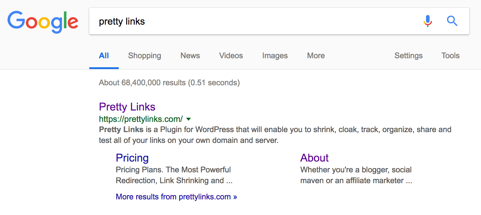 Google search results for "pretty links".