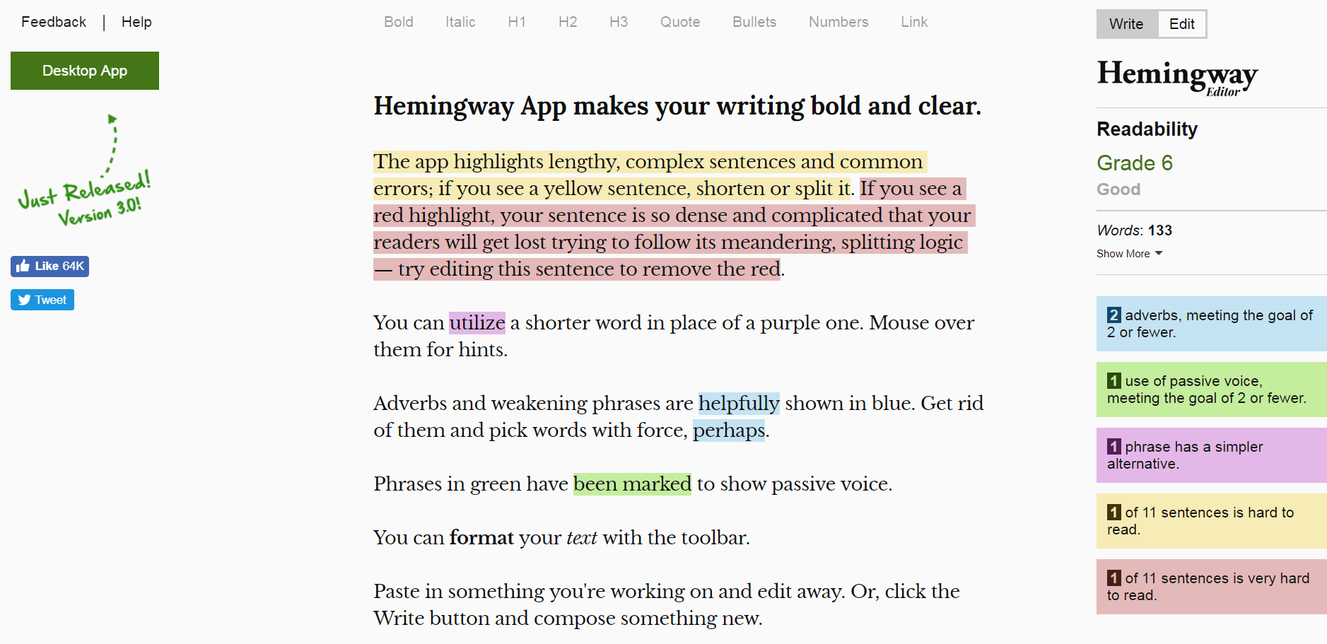 La herramienta de legibilidad de Hemingway.