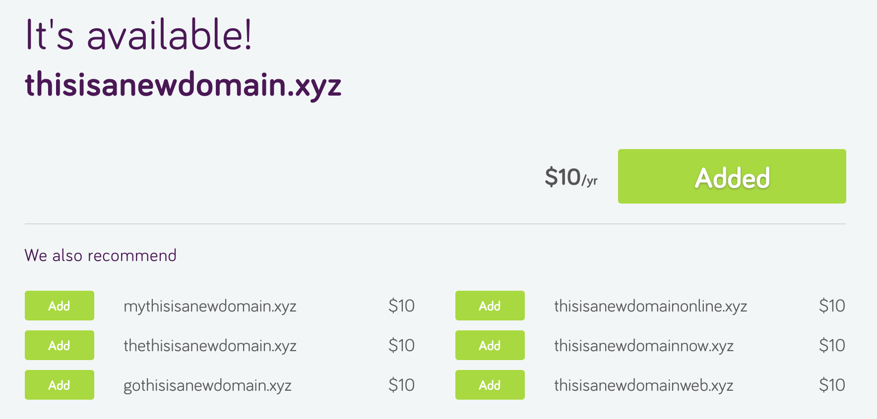 Adding an xyz domain name to your cart.