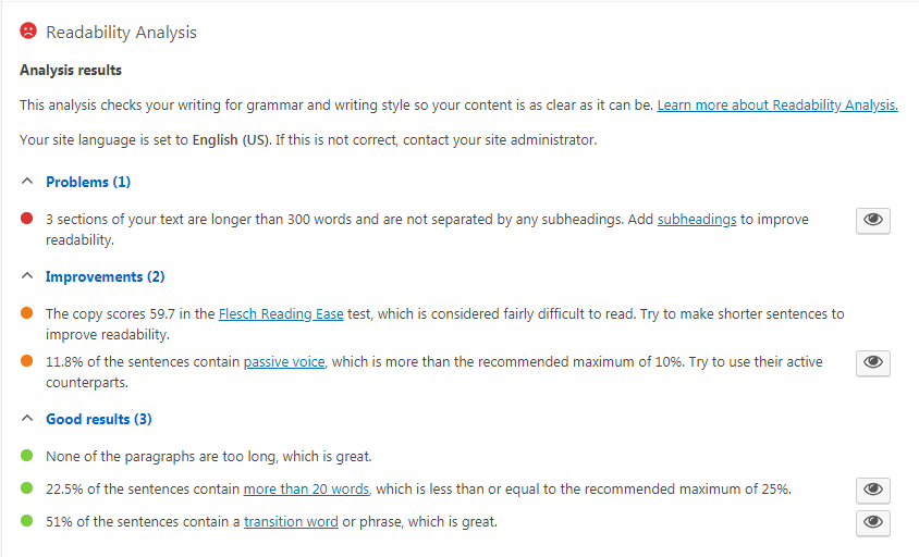 A Yoast SEO readability analysis.